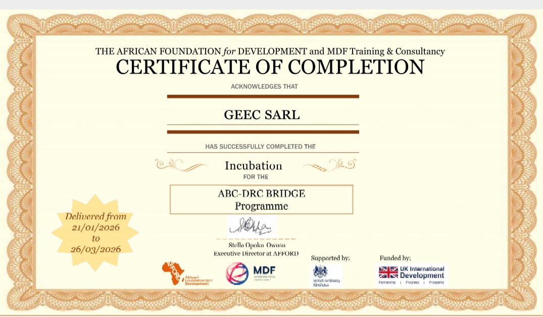GEEC SARL obtient son Certificat de réussite au Programme d'Incubation ABC-DRC Bridge